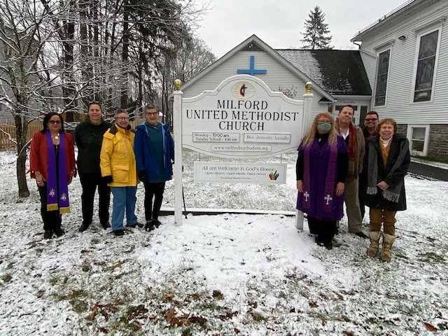The Milford United Methodist Church voted to welcome everyone to full participation in the life and ministry of the church. Pictured with the Reconciling Ministries team are the Rev. Dr. Eunice Vega-Perez, far left; and church pastor Rev. Jenn Lovallo just to the right of the sign